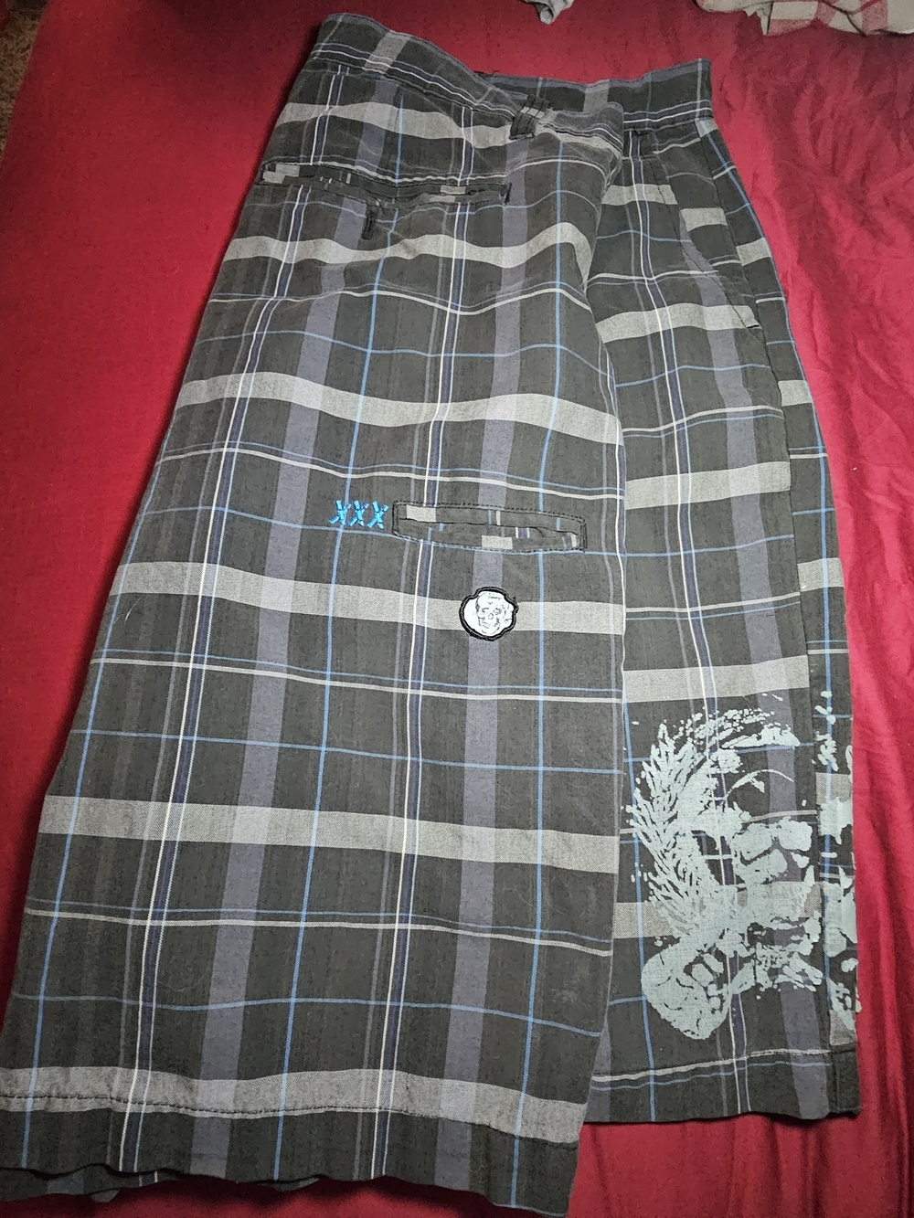 Men's Black & Gray Plaid Cargo Pants with Blue Accents Burnside Size 36